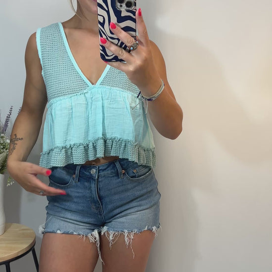 Mint sleeveless thermal babydoll tank, women’s cropped waffle knit top with flowy fit