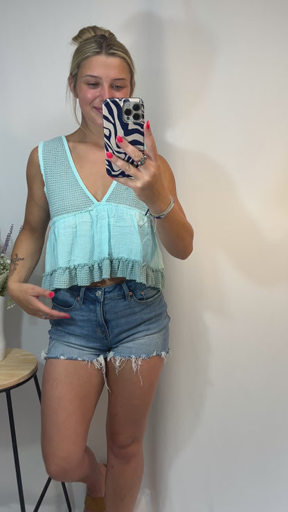 Mint sleeveless thermal babydoll tank, women’s cropped waffle knit top with flowy fit