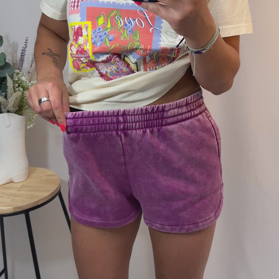acid washed dolphin shorts, women’s vintage-style lounge shorts with curved hem