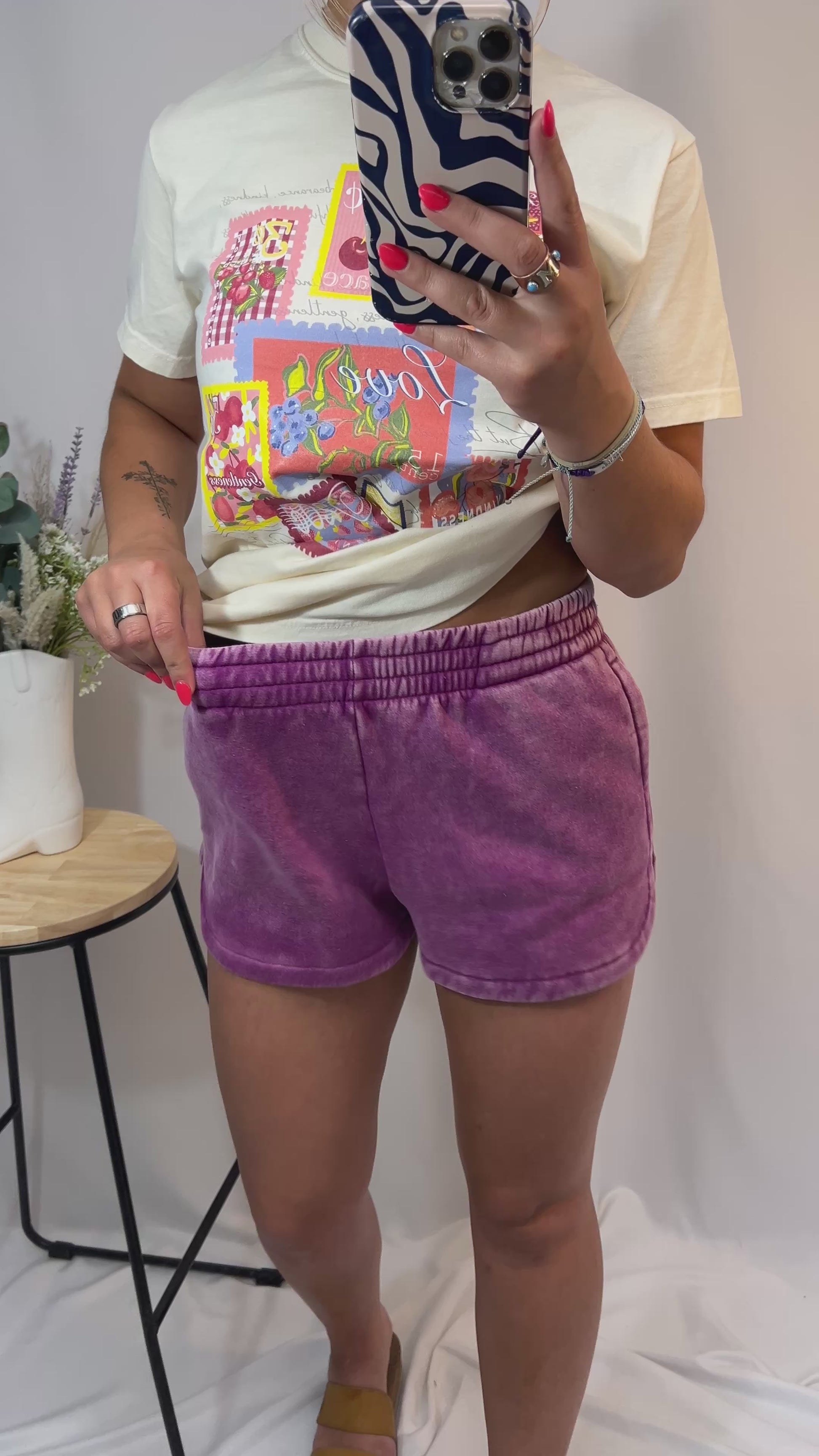 acid washed dolphin shorts, women’s vintage-style lounge shorts with curved hem