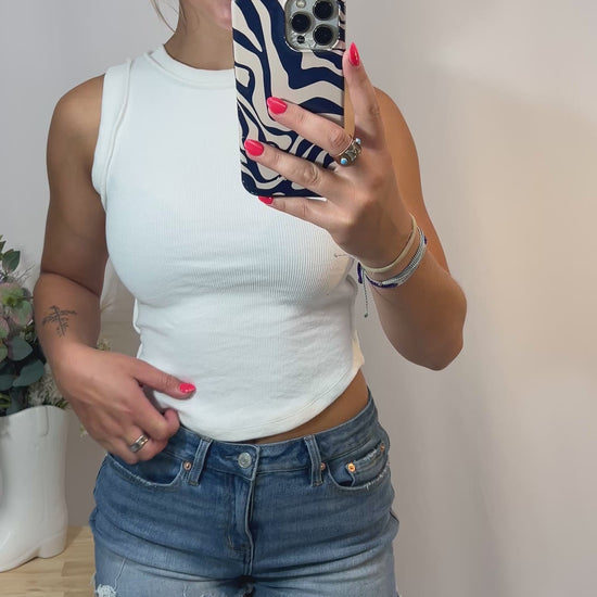 White ribbed sleeveless tank, women’s stretch knit tank top with ribbed texture