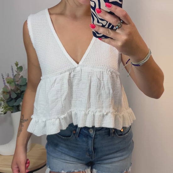 White sleeveless thermal babydoll tank, women’s cropped waffle knit top with flowy fit